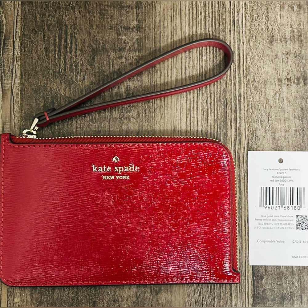 Kate Spade ♠️  L Zip Lucy Patent Leather Red Jam Wristlet NWT